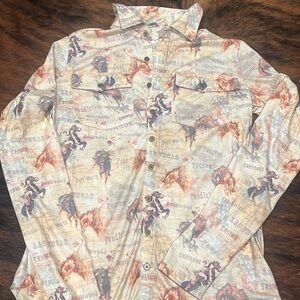 Cowgirl Tuff Western Print Button Down Shirt - Cream and Brown
